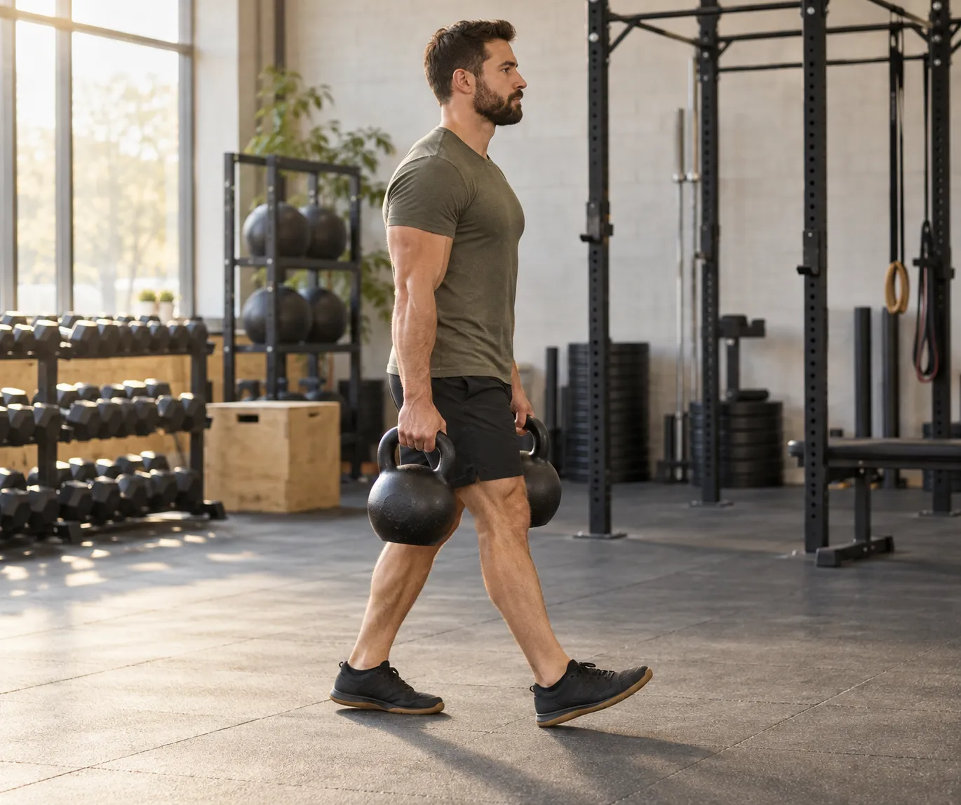 Homem fazendo farmer's carry com dois kettlebells