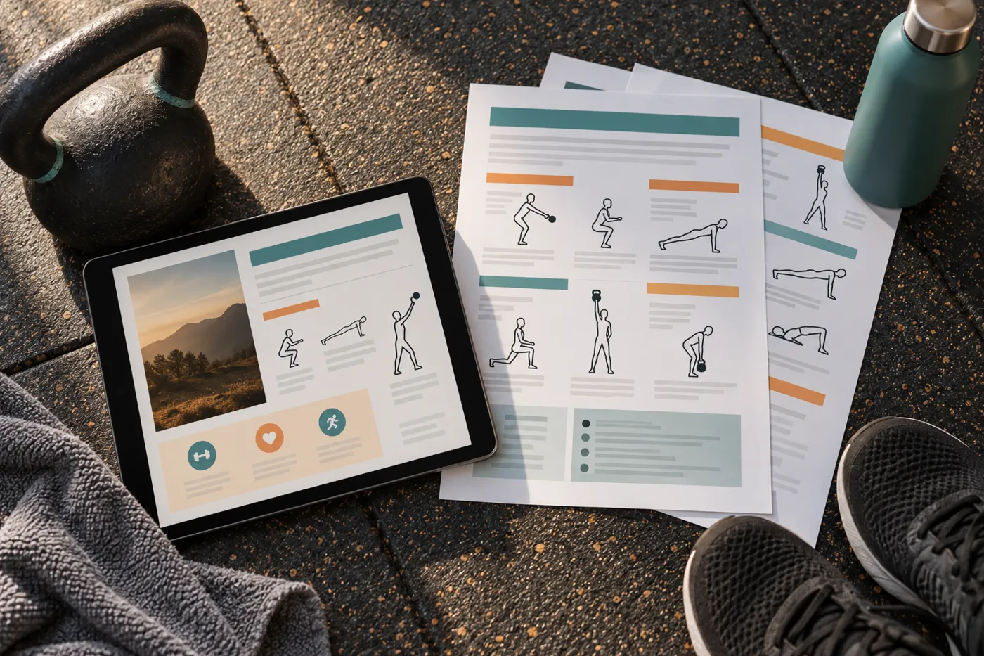 Páginas de um guia de treino com ilustrações de exercícios, ao lado de um tablet e um kettlebell