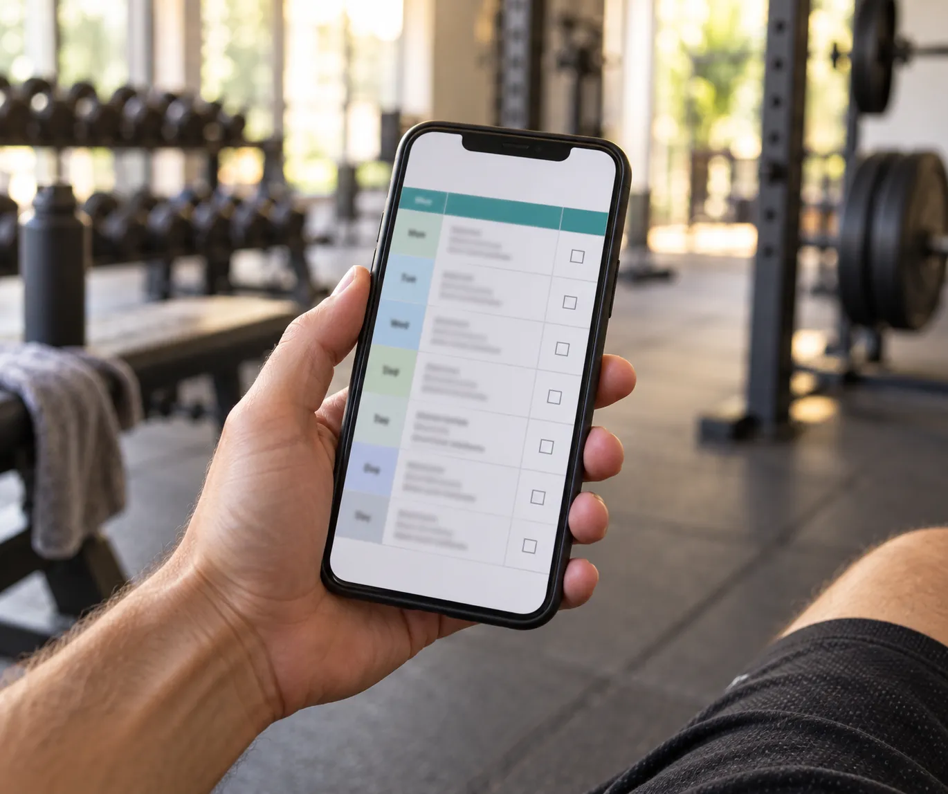 Mão segurando celular com uma planilha semanal de treinos numa academia